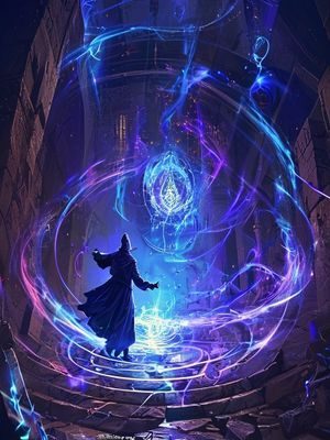 神秘法师在古代魔法阵前施法，蓝紫光芒缭绕，奇幻异世界漫画场景，小阳漫馆奇幻推荐